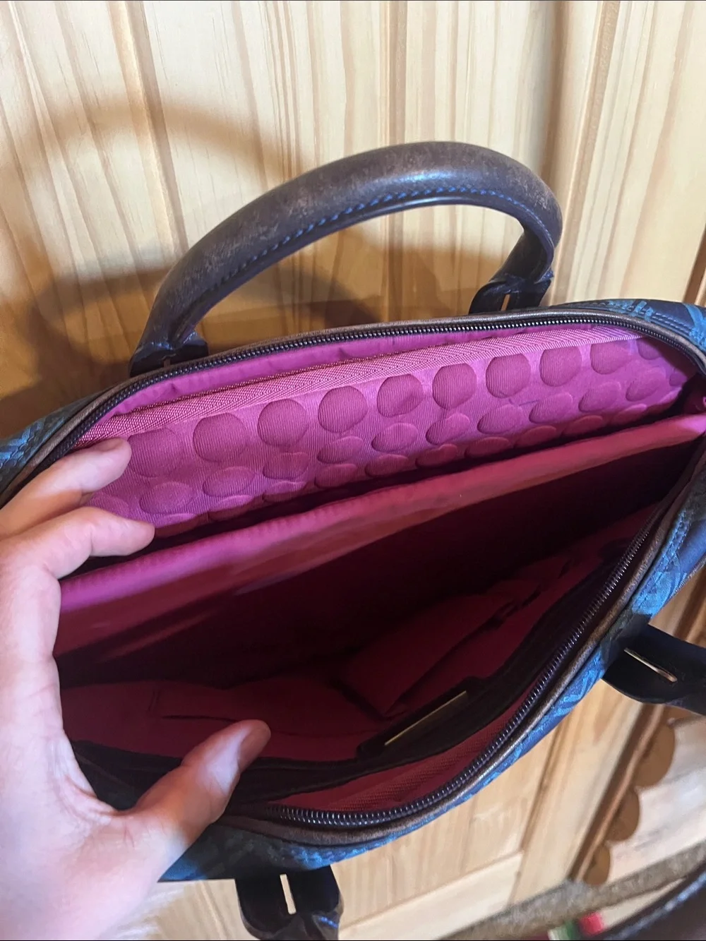 Tumi Navy Blue Patterned Laptop Bag with Dark Brown Trim